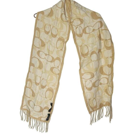 COACH Tan Ivory C Monogram 100% Merino Wool Fringe Detail Wool Winter Scarf - Picture 1 of 8